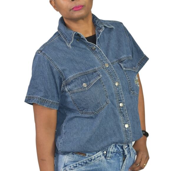 Vintage Harley Davidson Denim Shirt Blue Logo Patch Motorcycles Bike Size Medium - Picture 11 of 15